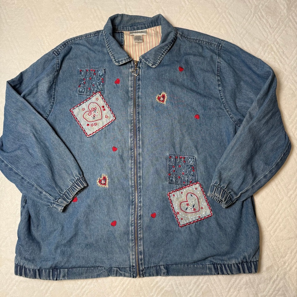 Vintage Coquette Teddi Heart Patchwork Denim Bomber Jacket 1X Cottagecore